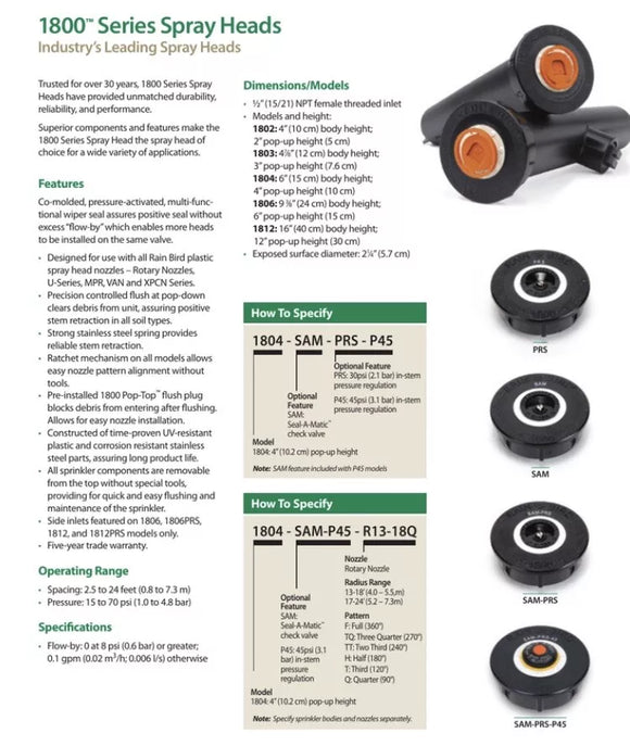 Rainbird 1806SAM 6" Pop-Up Spray Head Body W/ SAM Side Inlet Check Valve Pro DIY
