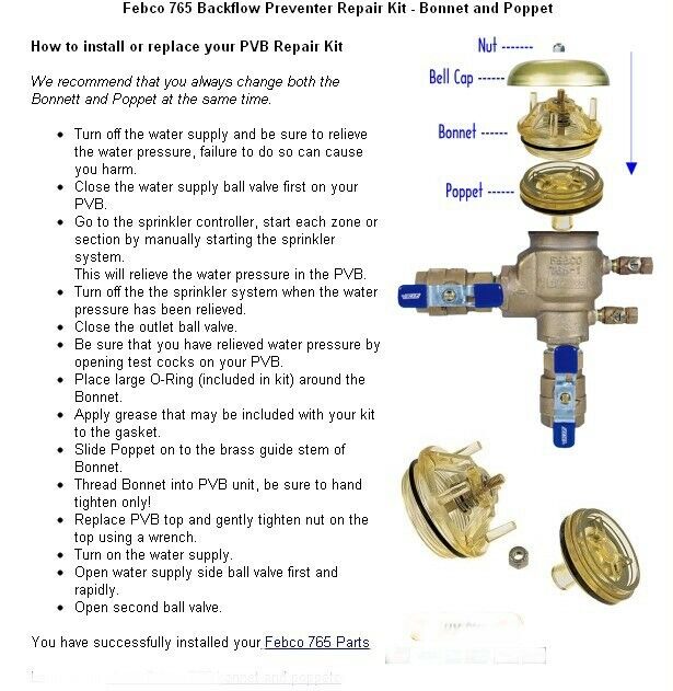 Febco #905-212 Bonnet Repair Kit for #765 1"  1-1/4"  Irrigation PVB  Backflow