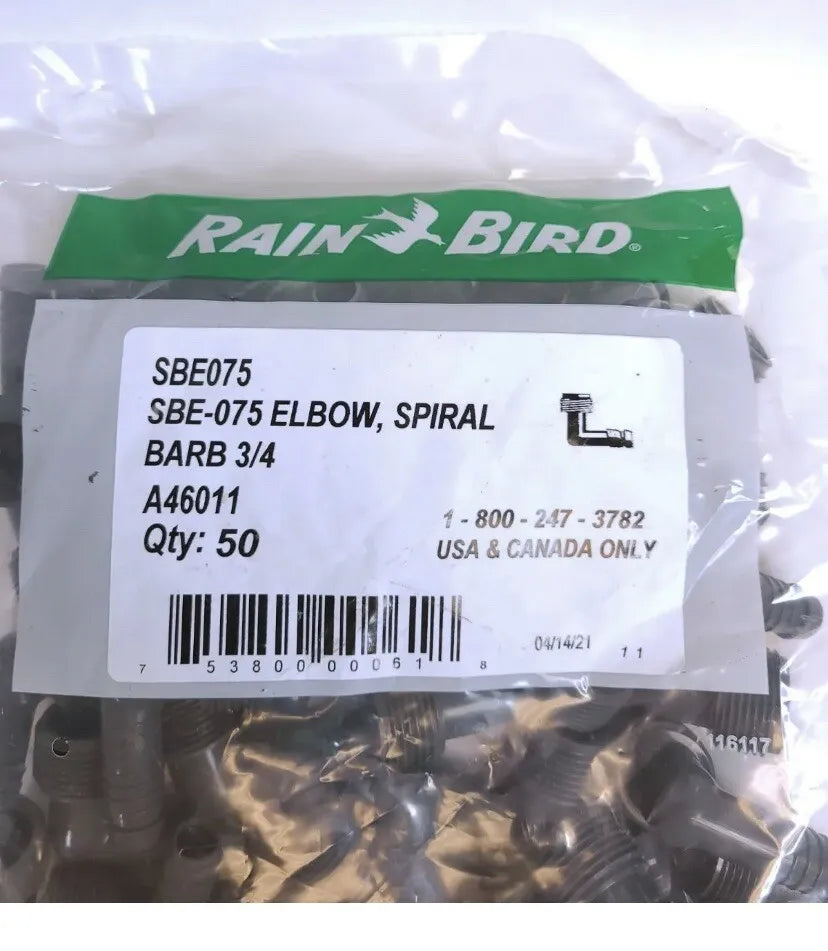 Rain Bird 3/4" MNPT x 1/2" Male NPT Spiral Barb Elbow SBE075 Qty 50 - 0