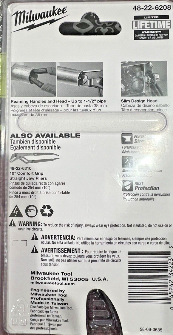 Milwaukee 48-22-6208 8" Hex-Jaw Quick Adjust Pliers All Metal Ream and Punch