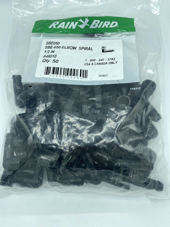 50 Rain Bird - 1/2” Male 1/2" Elbow Spiral - EZ Pipe Twist Fitting - (50) Pack