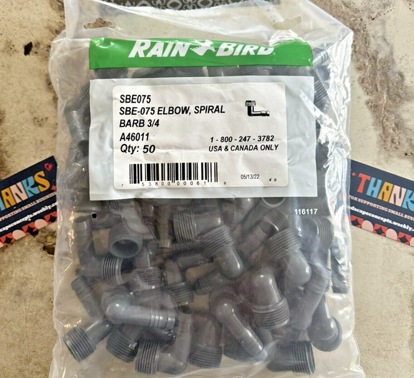 50X Rain Bird 3/4" MNPT x 1/2" Male NPT Spiral Barb Elbow SBE075 PVC Insert
