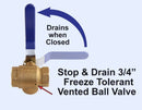 3/4” Ball Valve w Freeze Tolerant Prevention Plug 3/4"  w Drain L Handle PVB-1