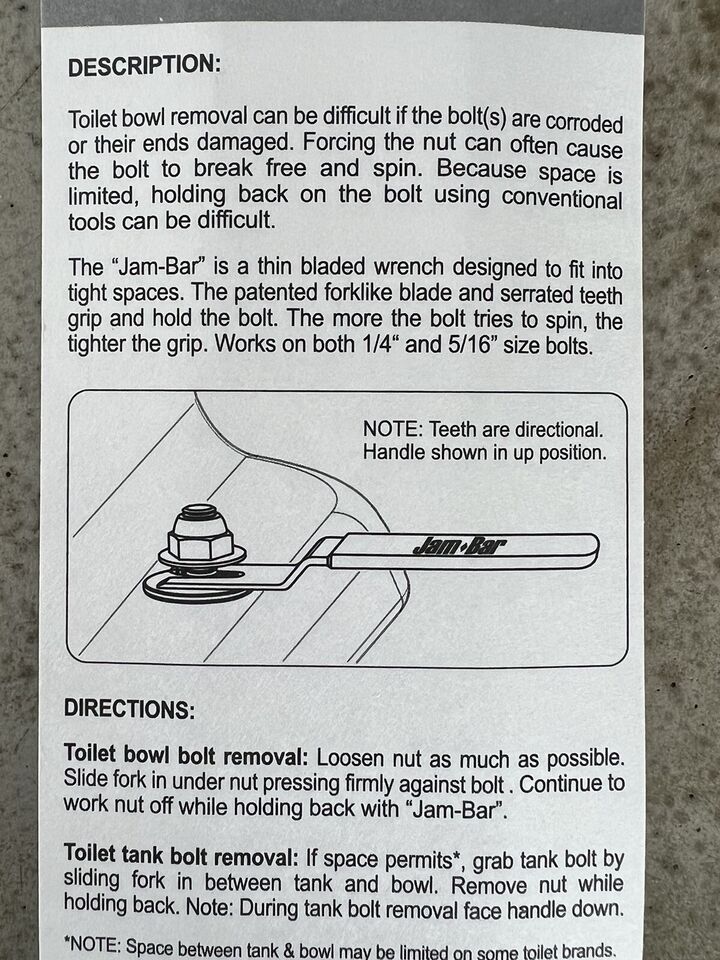 Jam-Bar Toilet Bolt Lock Wrench NEW - Plumbing Tools - Toliet Replacement Nut - 0